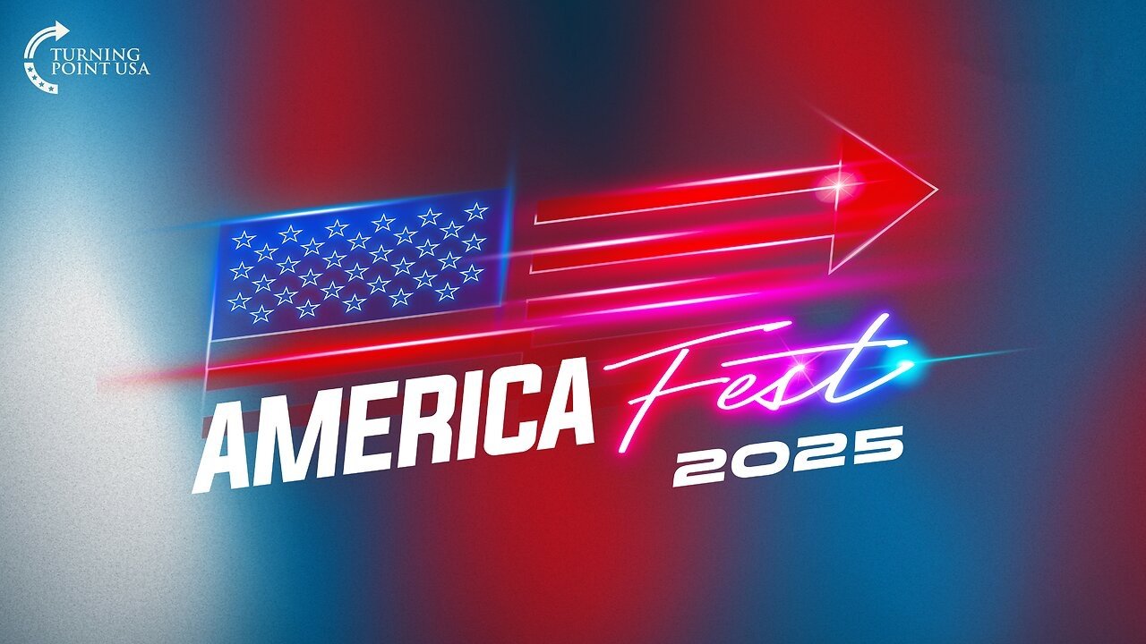 Graphic design for America Fest 2025, featuring the American flag and colorful text, representing a patriotic celebration organized by Turning Point USA.