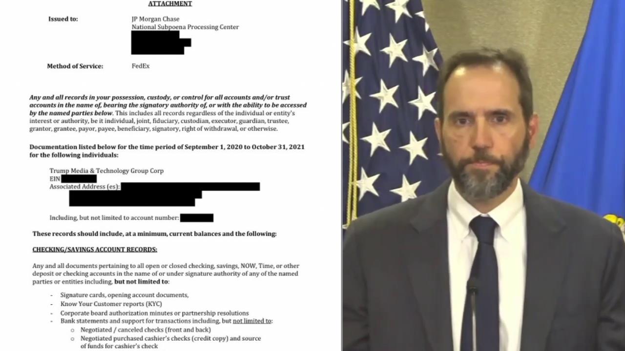 Document detailing a subpoena request to JP Morgan Chase for records related to Trump Media & Technology Group Corp, including account balances and transaction history.