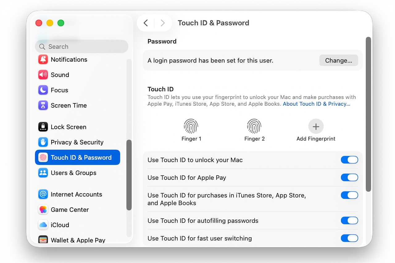 macOS Tahoe Touch ID settings