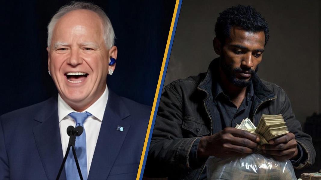 Image split into two: a smiling man in a suit giving a speech on the left, and a serious man counting cash on the right.