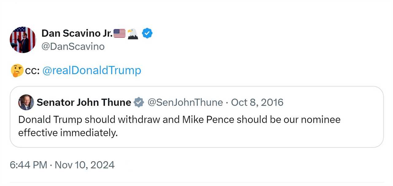 Dan Scavino Jr. shares a tweet from Senator John Thune suggesting Donald Trump withdraw from the presidential race, dated October 8, 2016.