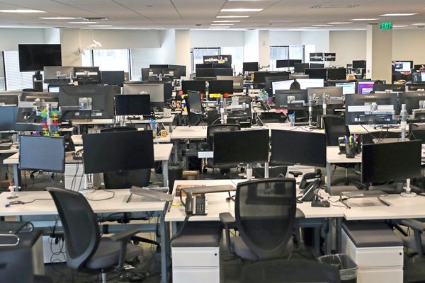 Empty desks at the Fuze office in Boston on March 10, 2020, one of many that became ghost towns during the work-from-home era of the pandemic.