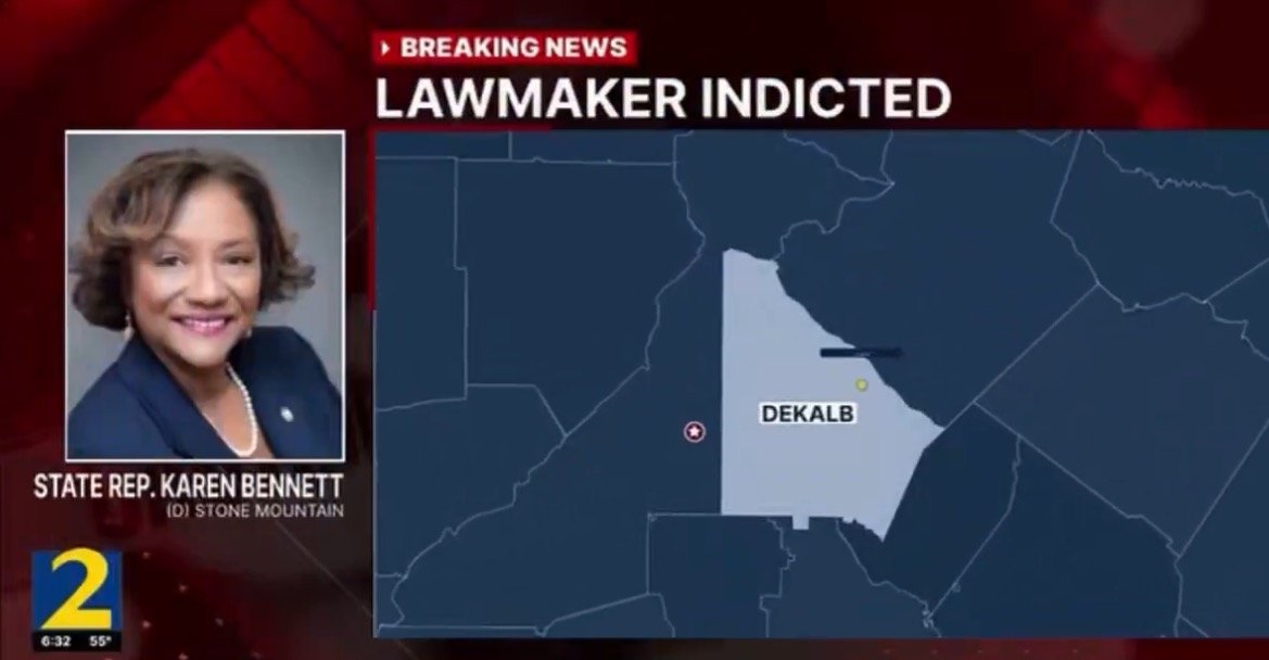 Image of State Representative Karen Bennett from Stone Mountain, with a map highlighting Dekalb County, reporting on her indictment.