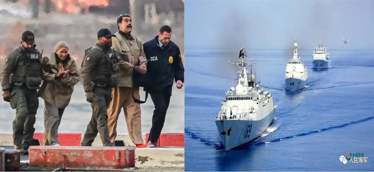 Venezuelan officials escort a detained individual while naval ships patrol the ocean, highlighting a significant moment in international law enforcement and military presence.