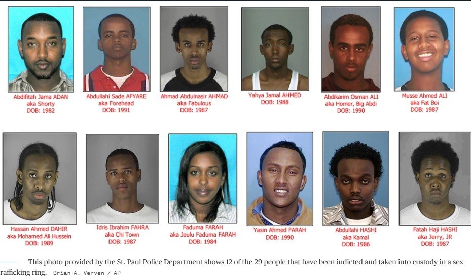 Images of 12 individuals indicted in a St. Paul sex trafficking case, featuring their names, aliases, and dates of birth.