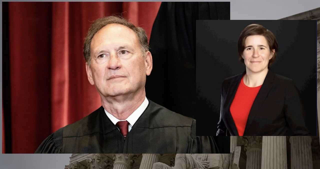 Supreme Court justices in formal attire, one looking thoughtfully into the distance against a backdrop of red curtains and classical architecture.