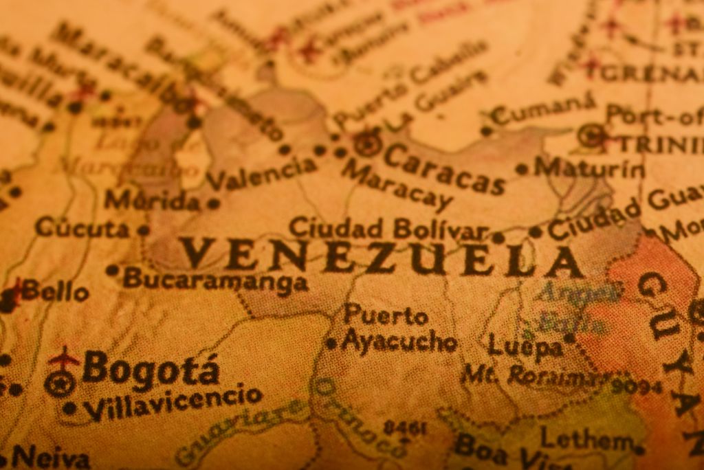 Map detail highlighting Venezuela and surrounding regions, including major cities like Caracas and Maracaibo.