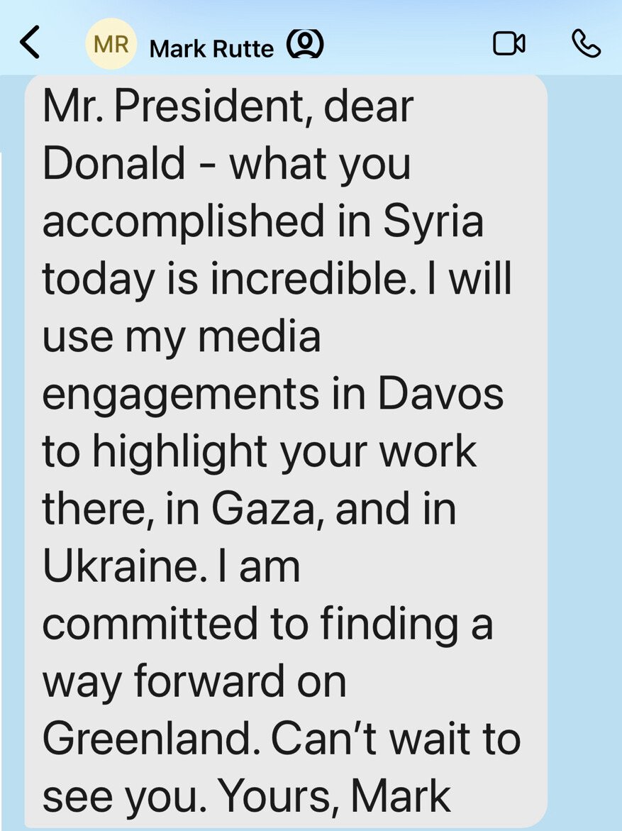 Text message from Mark Rutte to a president discussing accomplishments in Syria, media engagements in Davos, and commitment to issues in Gaza, Ukraine, and Greenland.