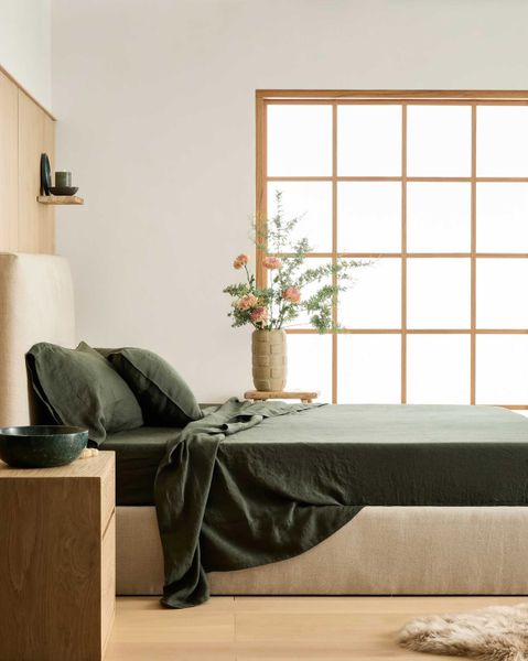 Quince’s European Linen sheet set, as seen in pine.