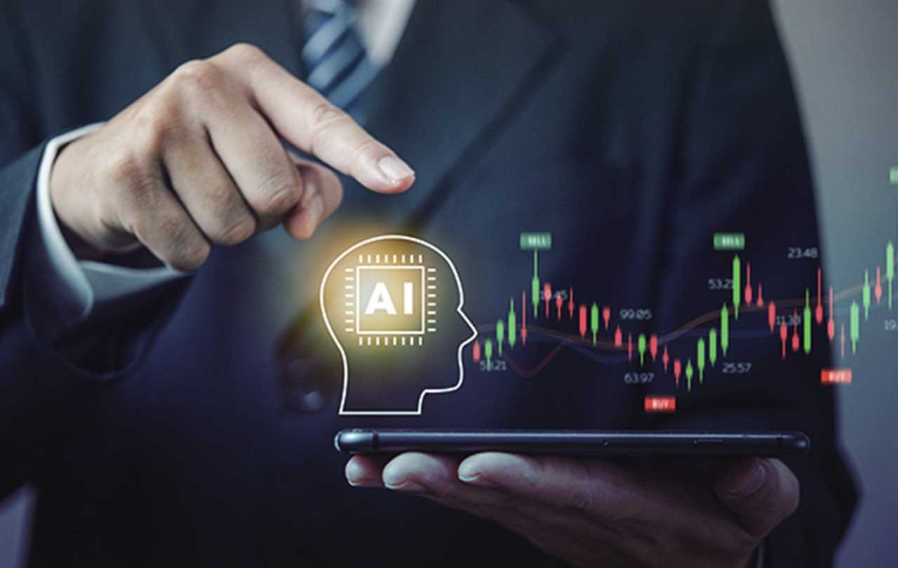 Business professional analyzing data trends on a tablet with an AI brain graphic, representing the integration of artificial intelligence in financial analytics.