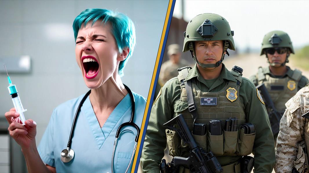 A healthcare professional with blue hair screams while holding a syringe, contrasting with armed law enforcement officers in tactical gear.