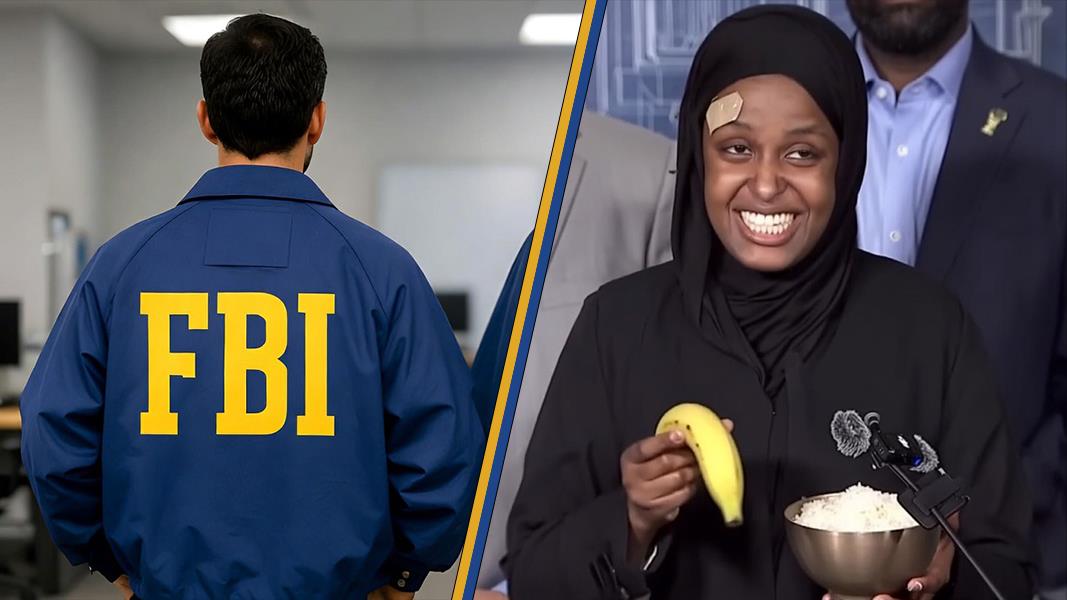 FBI agent in a blue jacket stands in the background while a smiling woman holds a banana and a bowl of rice at a press event.