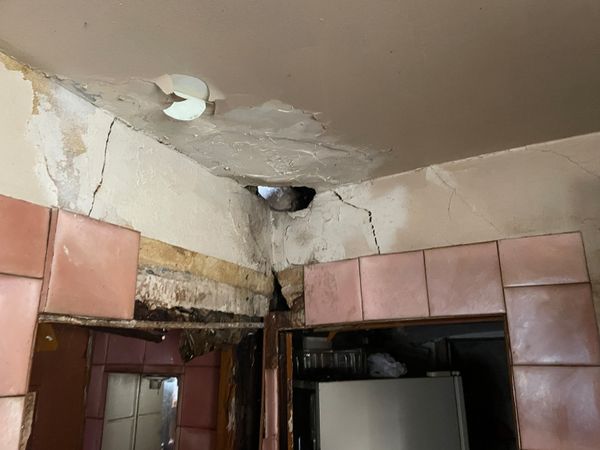 A hole in the roof in the kitchen. Courtesy Frank Lloyd Wright Building Conservancy