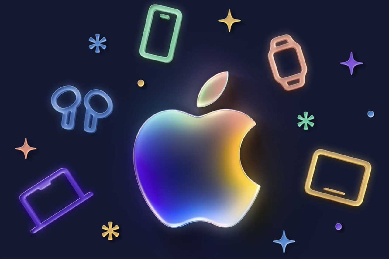 Apple logo surrounded by drawings of apple products and stars