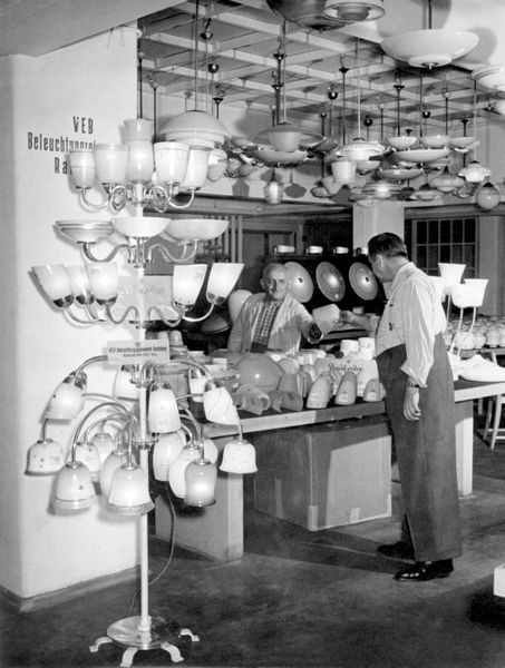 The GDR state-owned VEB Beleuchtungsglaswerk Radeberg booth at the Leipzig trade fair in 1955. The fair is one of the oldest in the world, and was a key part of Cold War diplomacy.
