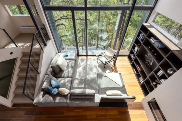 The living room ceilings are double-height