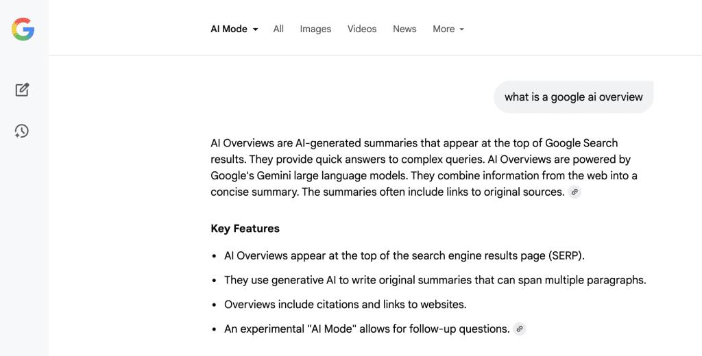 Google search results showing an AI Overview summary explaining what a Google AI Overview is, with key features listed below the generated response