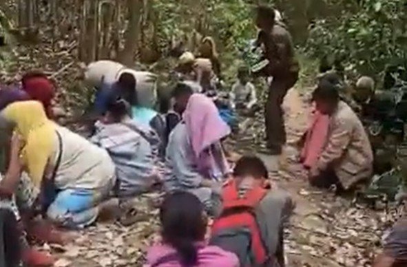 Group of people working in a forested area, gathering resources while others observe, highlighting community engagement in nature.