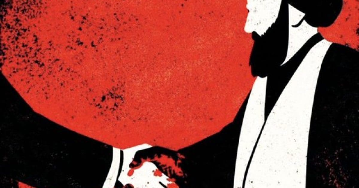 Illustration of two individuals shaking hands against a bold red background, symbolizing unity and cooperation.