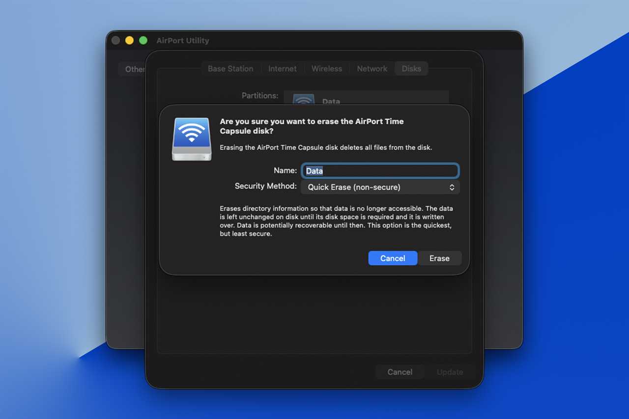 time capsule settings showing erasing a disk