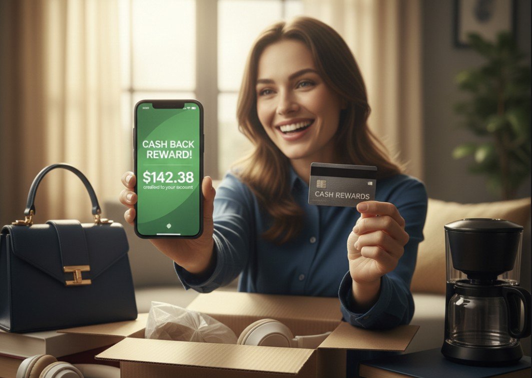 Woman smiling while holding a smartphone displaying a cash back reward of $142.38 and a cash rewards card, surrounded by shopping items in a box.