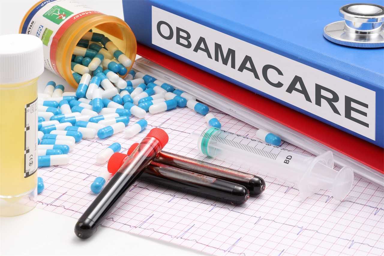 Colorful prescription pills, blood test tubes, and a syringe are scattered around a blue binder labeled Obamacare, symbolizing healthcare and medical services.
