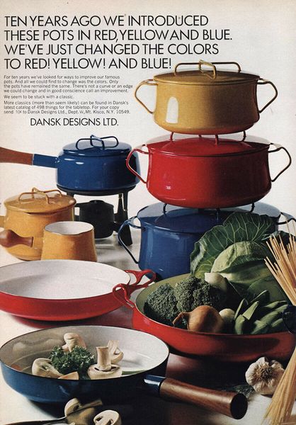 A vintage ad for the brand shows its beloved enamel cookware.