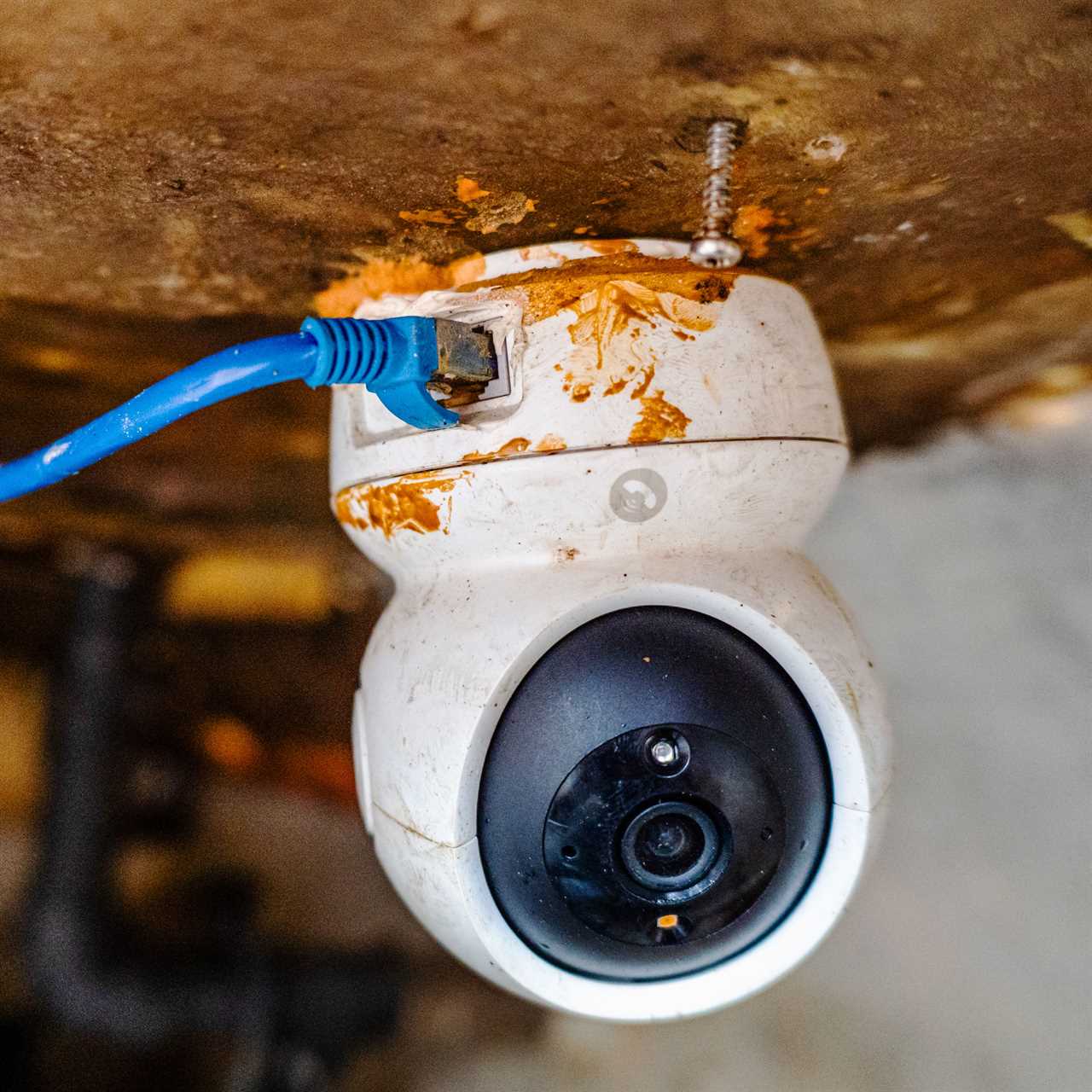 rusty round white surveillance camera