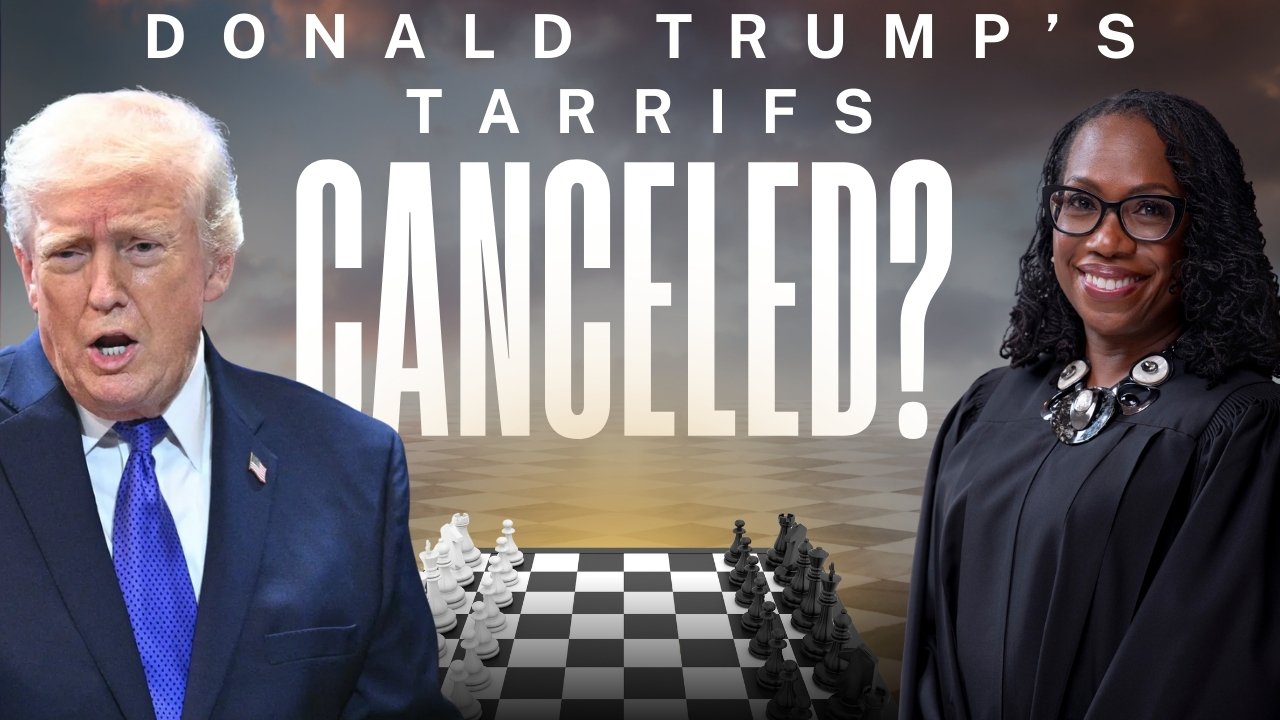 Donald Trump and a female judge discussing the potential cancellation of tariffs, with a chessboard background symbolizing strategic decision-making.
