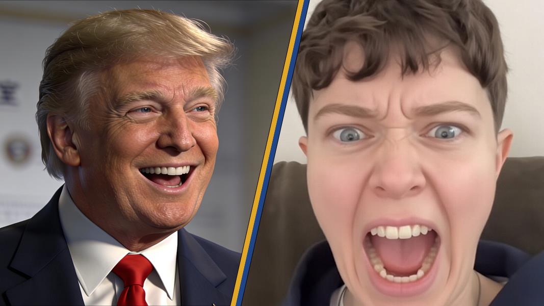 Split image featuring a smiling Donald Trump and a person expressing shock or anger, illustrating contrasting emotions in response to a situation or statement.