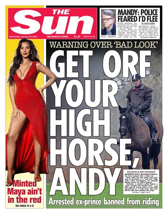 Front page of The Sun newspaper featuring a headline about an ex-prince banned from riding, alongside an image of a woman in a red dress and a man on horseback.
