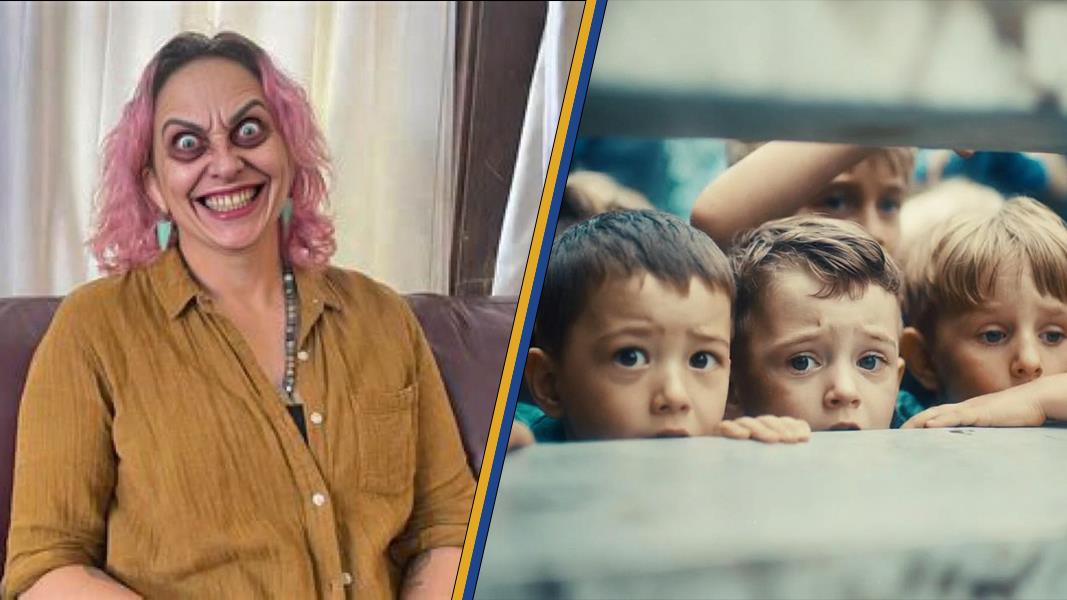 A woman with pink hair and exaggerated facial features smiles widely next to a group of curious children peering from behind a barrier.