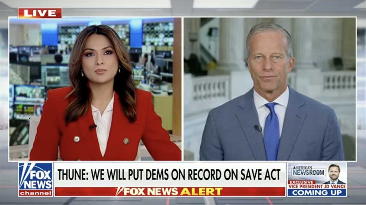 News anchors discussing legislative issues on Fox News, featuring Senator John Thune and a female co-host in a studio setting.