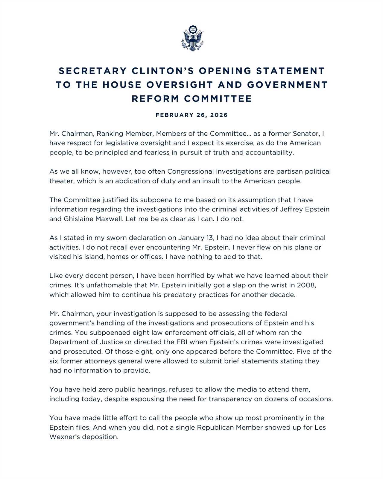 Opening statement by Secretary Clinton to the House Oversight and Government Reform Committee addressing the investigation into Jeffrey Epstein's criminal activities and congressional transparency issues.