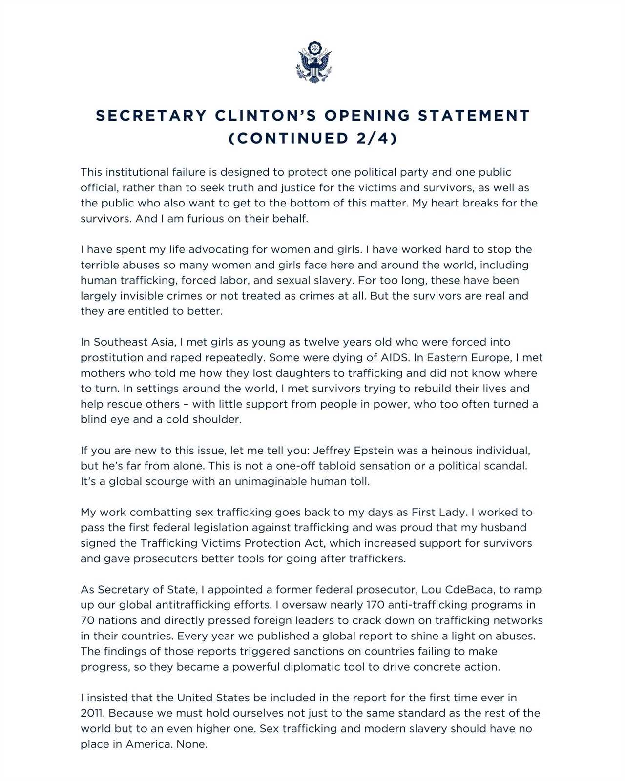 Opening statement by Secretary Clinton addressing human trafficking, advocating for survivors, and highlighting global efforts to combat sexual slavery and forced labor.