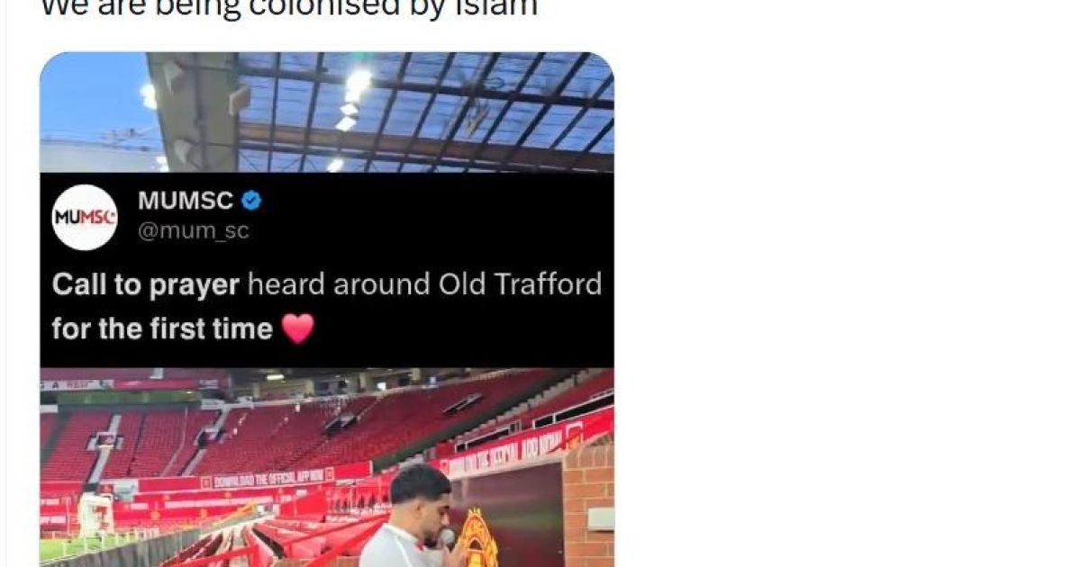 Muslim man performing the Adhan, or call to prayer, at Old Trafford, marking a historic moment in the football stadium.