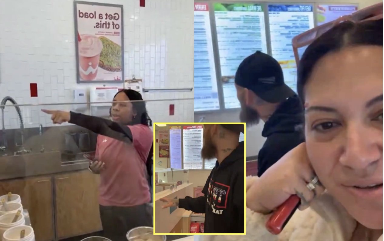 Customer interaction at a fast-food restaurant with a staff member pointing and explaining menu options to patrons.