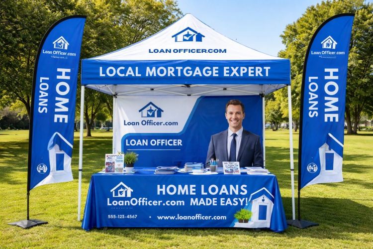 Branded event setup featuring a loan officer’s pop-up tent, logo tablecloth, signage and promotional materials.
