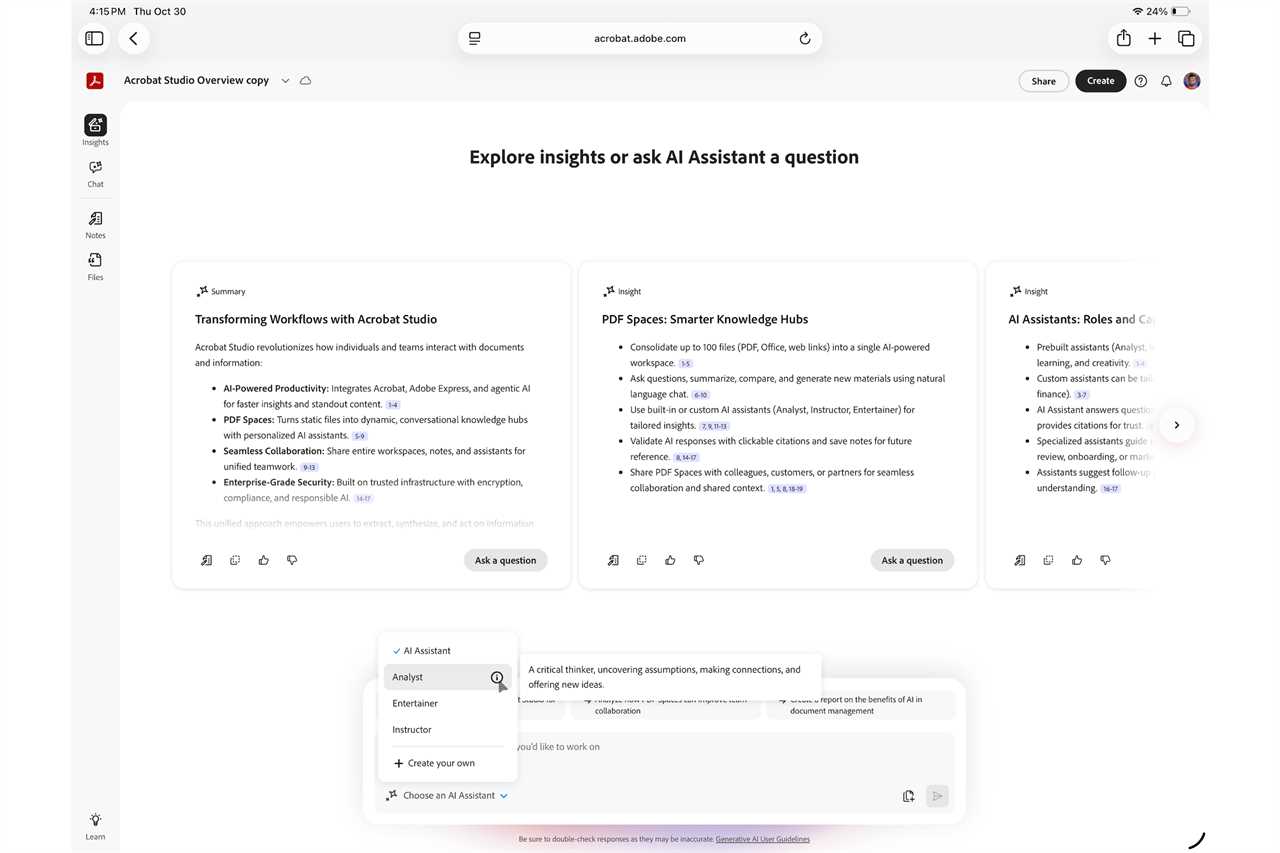 Adobe AI assistant options and insights in PDF Space