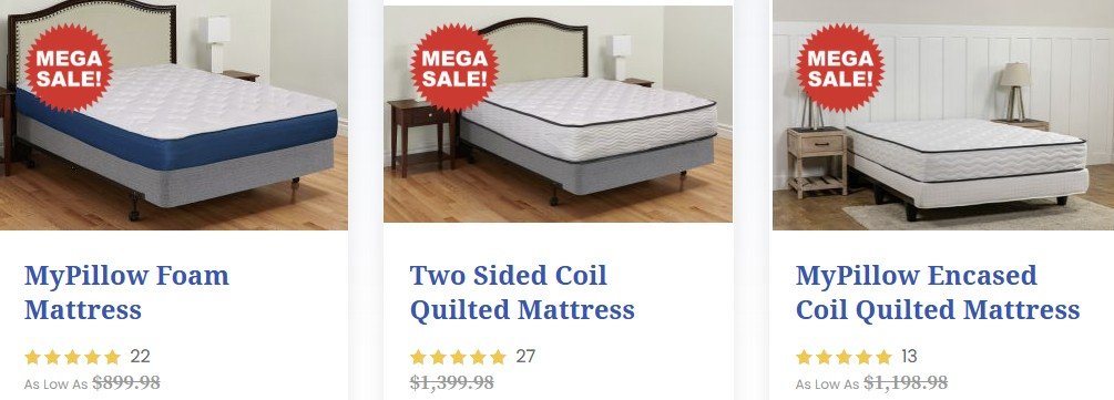 Three different MyPillow mattresses on sale, showcasing foam, two-sided coil, and encased coil options with pricing and star ratings.