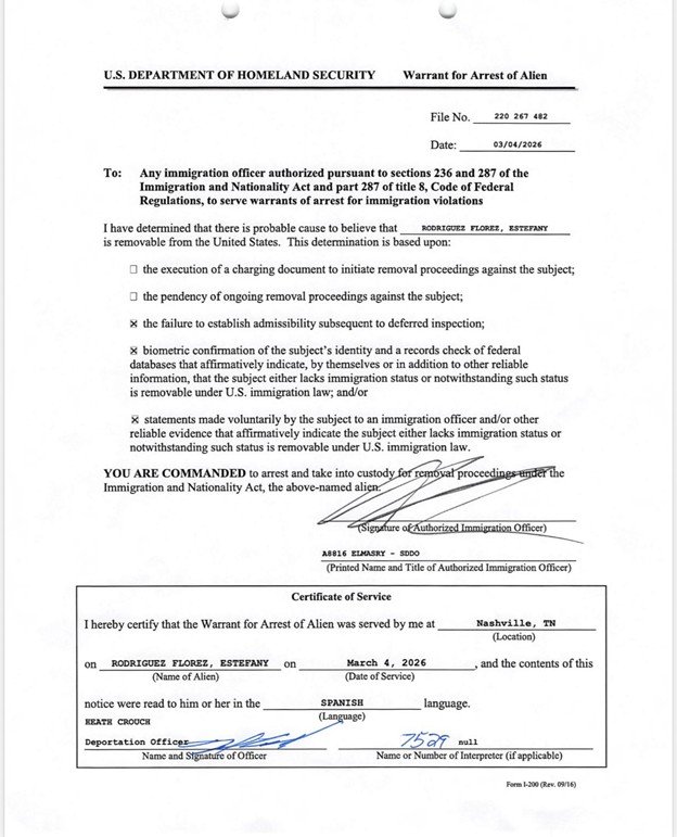 U.S. Department of Homeland Security warrant for arrest of alien, detailing probable cause for removal proceedings against individual for immigration violations dated March 4, 2026.