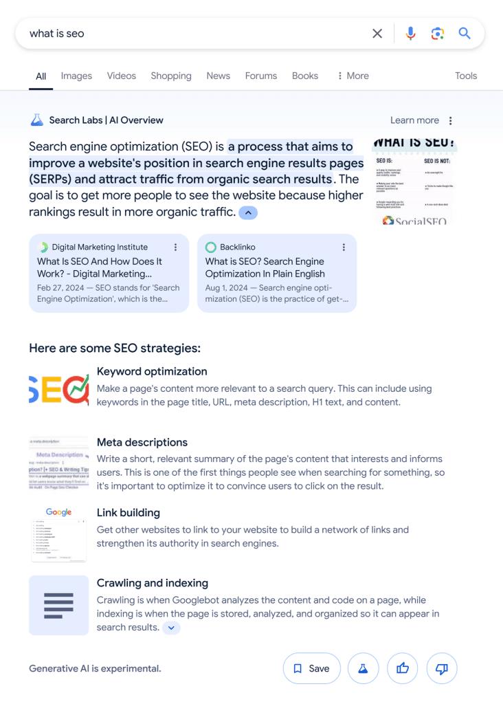AI Overview defining SEO directly in search results, reducing the need to click through to traditional educational content