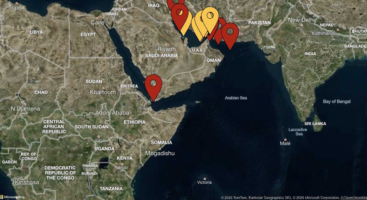 Map highlighting key locations in the Middle East and East Africa, including cities and geographical features, with marked points indicating specific areas of interest.