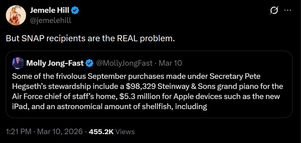 Tweet discussing government spending on luxury items versus concerns about SNAP recipients, highlighting a critique of priorities in public welfare.