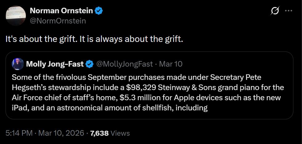 Tweet discussing questionable government spending under Secretary Pete Hegseth, highlighting extravagant purchases including a grand piano and Apple devices.