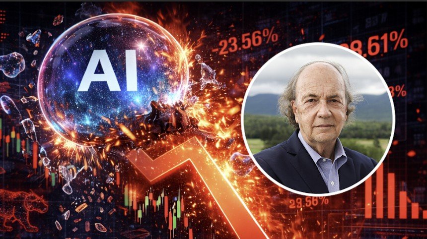 AI explosion graphic with stock market trends and a portrait of a financial expert discussing the impact of artificial intelligence on investments.