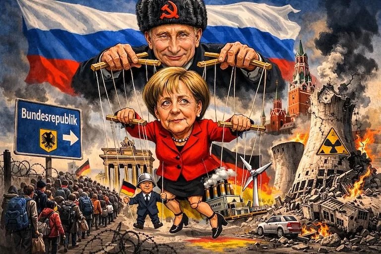 Political satire illustration depicting Vladimir Putin controlling Angela Merkel as a puppet, with symbolic elements representing Germany and Russia amidst a chaotic backdrop.