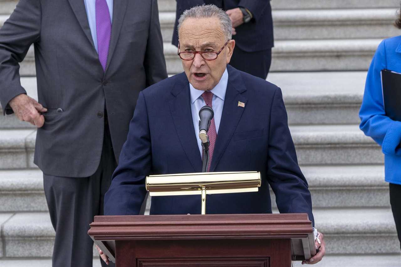 U.S. Senator Chuck Schumer delivers a speech at a podium on the steps of a government building, surrounded by colleagues.