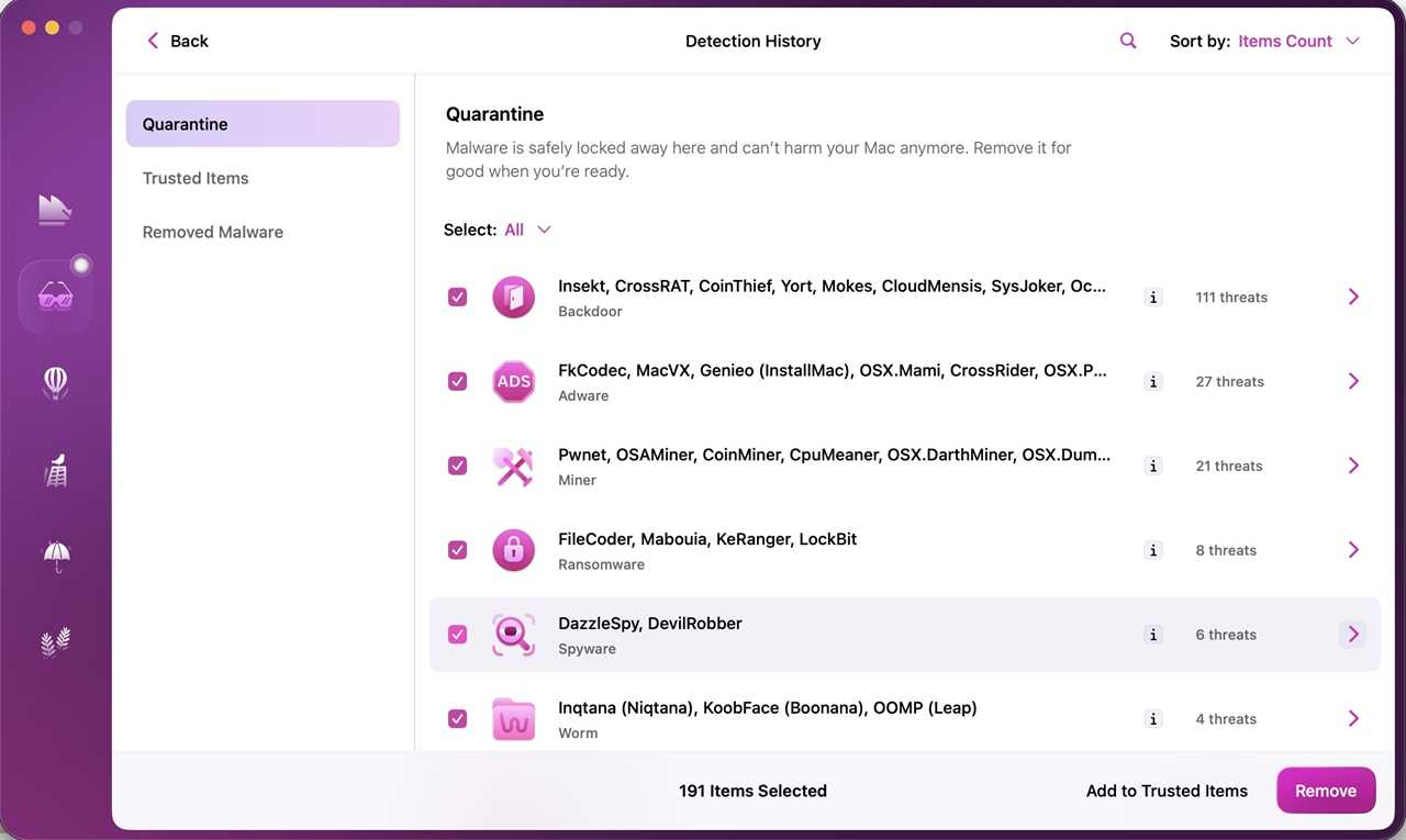 Moonlock Detection history