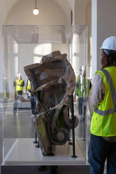 A ground-floor gallery in Michigan Central Station displays bits of the building’s past salvaged over the course of the renovation.